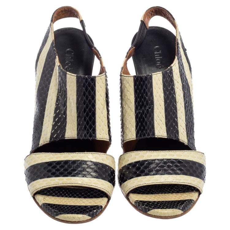 Pre Owned Chloe Cream/Black Striped Python Ayers Wedge Slingback Sandals 39