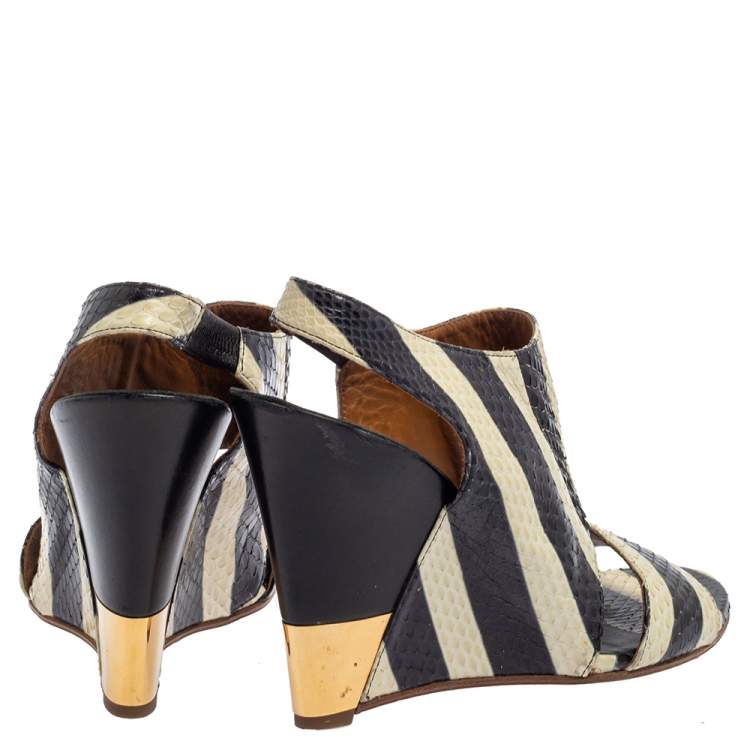 Pre Owned Chloe Cream/Black Striped Python Ayers Wedge Slingback Sandals 39