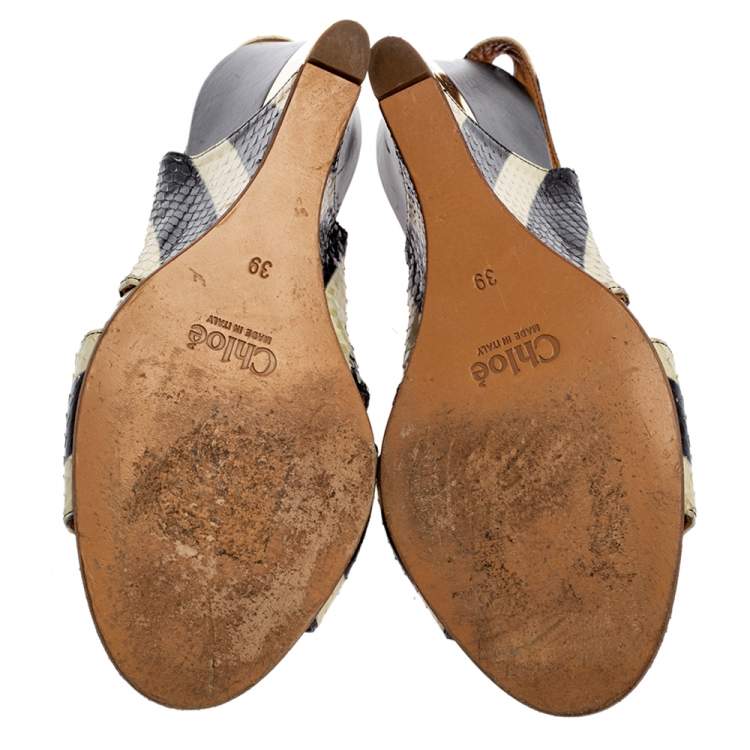 Pre Owned Chloe Cream/Black Striped Python Ayers Wedge Slingback Sandals 39