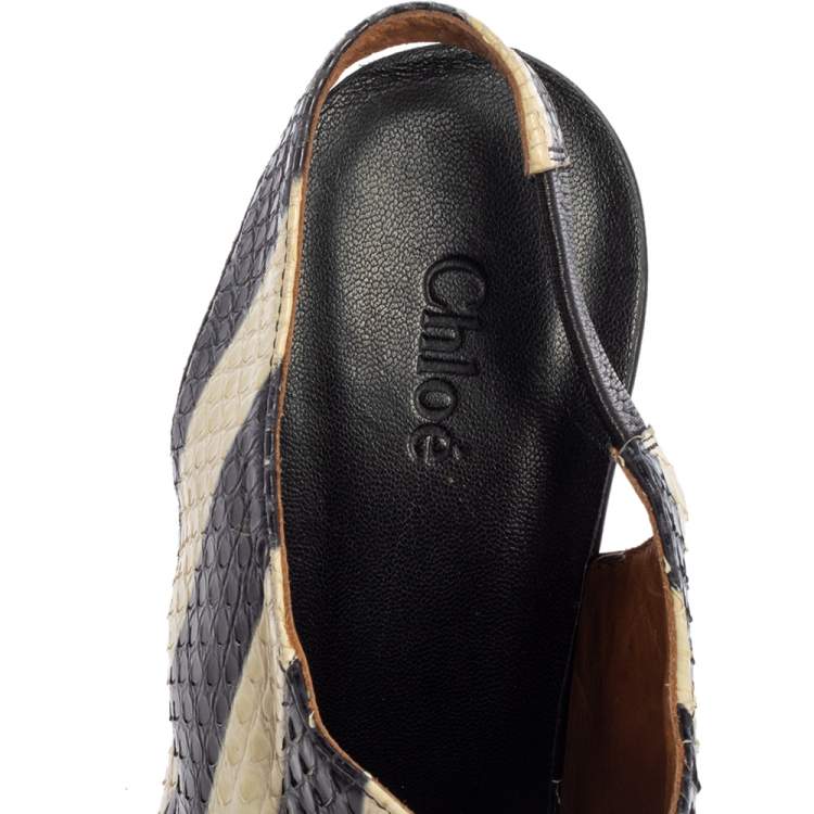 Pre Owned Chloe Cream/Black Striped Python Ayers Wedge Slingback Sandals 39