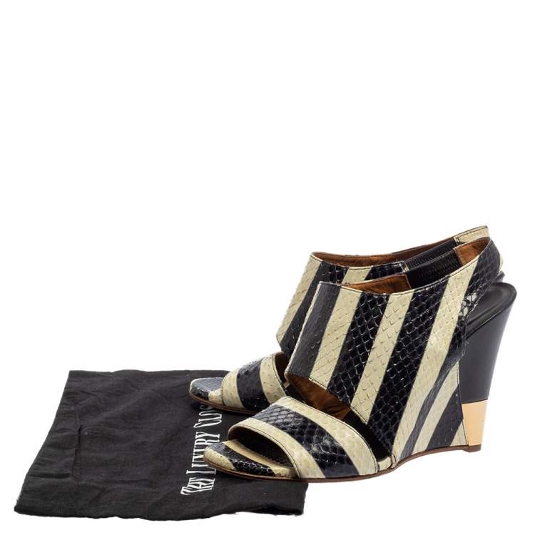 Pre Owned Chloe Cream/Black Striped Python Ayers Wedge Slingback Sandals 39