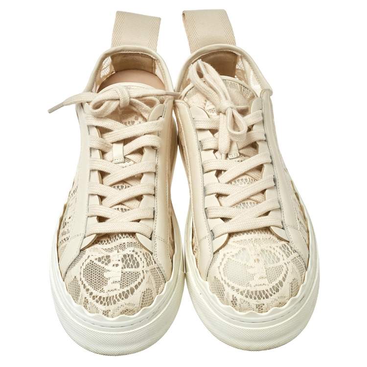 Pre Owned Chloe Light Beige Lace and Leather Lauren Sneakers Size 42