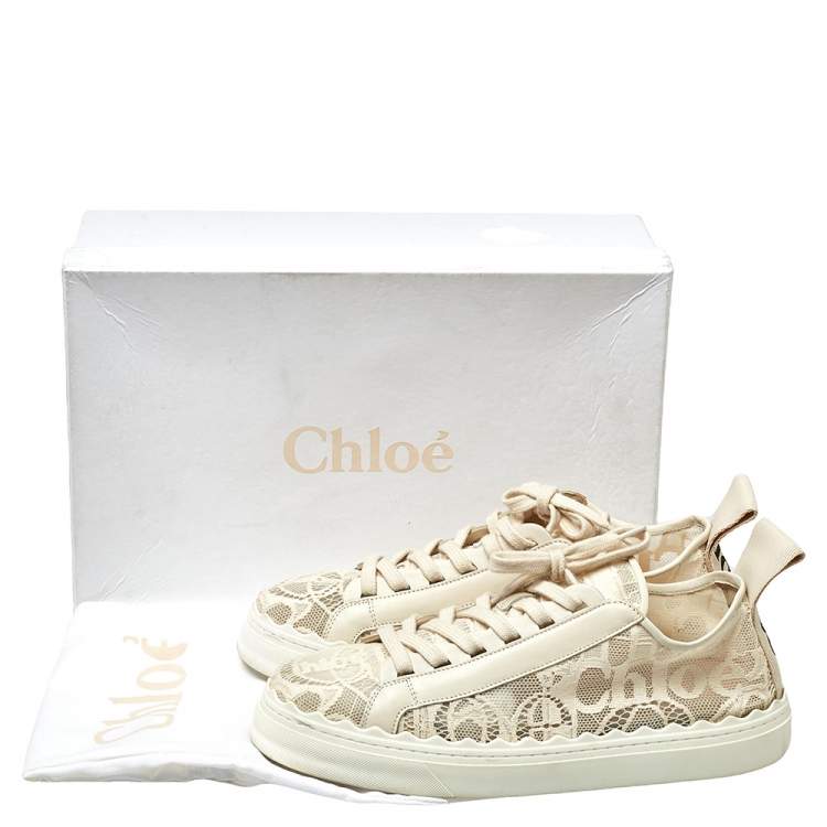 Pre Owned Chloe Light Beige Lace and Leather Lauren Sneakers Size 42
