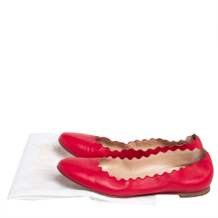 Pre Owned Chloé Red Leather Lauren Scalloped Ballet Flats Size 36