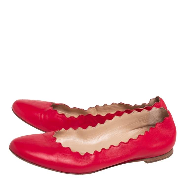 Pre Owned Chloé Red Leather Lauren Scalloped Ballet Flats Size 36