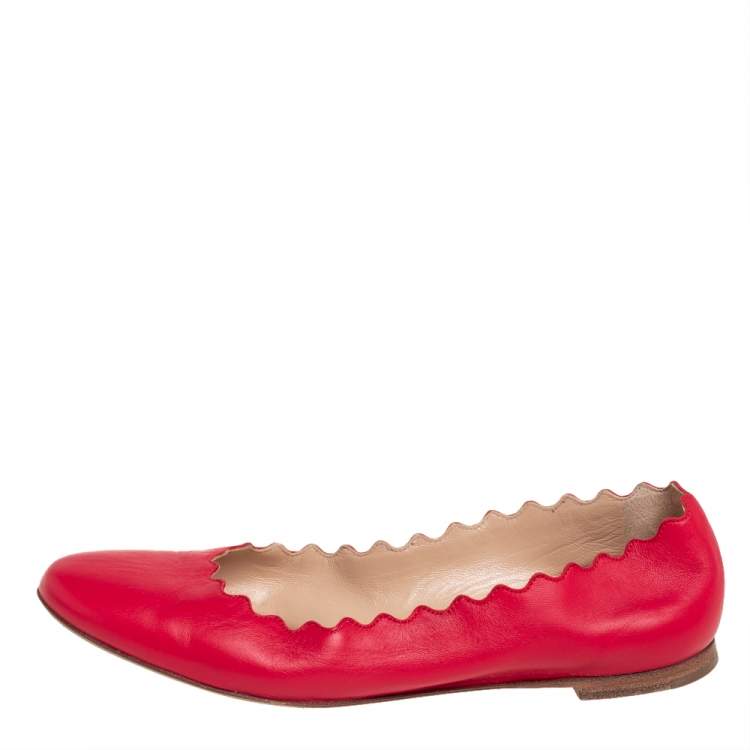 Pre Owned Chloé Red Leather Lauren Scalloped Ballet Flats Size 36