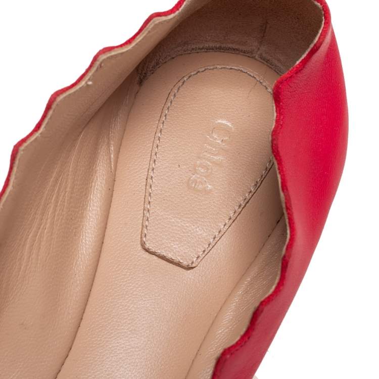 Pre Owned Chloé Red Leather Lauren Scalloped Ballet Flats Size 36
