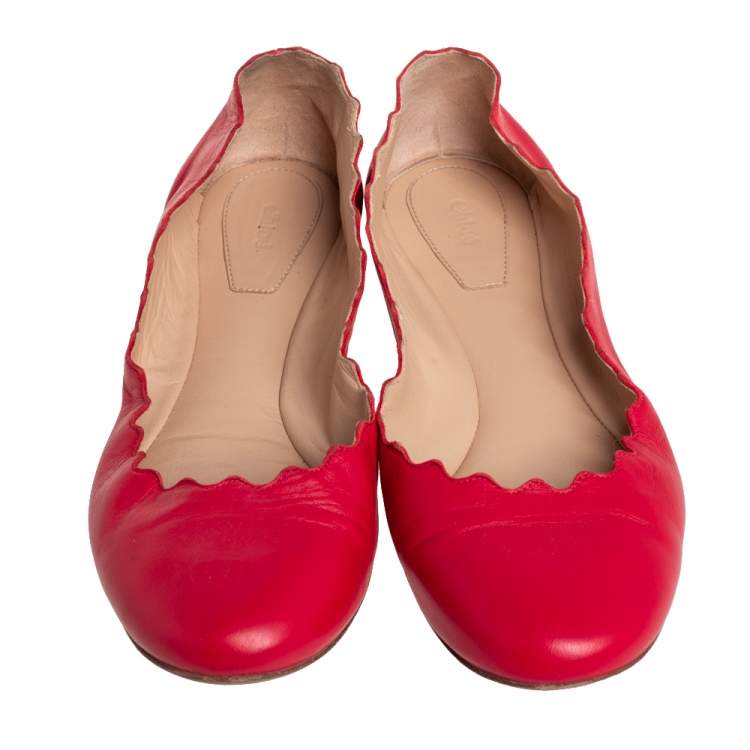 Pre Owned Chloé Red Leather Lauren Scalloped Ballet Flats Size 36