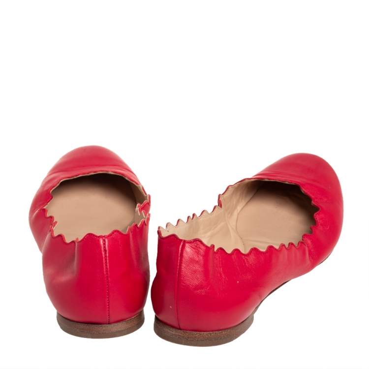 Pre Owned Chloé Red Leather Lauren Scalloped Ballet Flats Size 36
