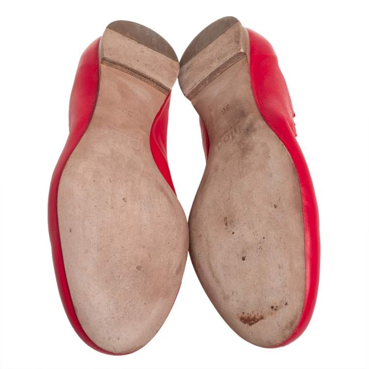 Pre Owned Chloé Red Leather Lauren Scalloped Ballet Flats Size 36