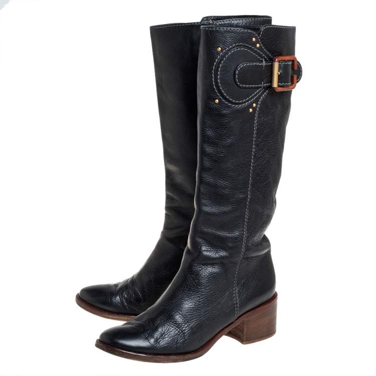 Pre Owned Chloe Black Leather Mid Calf Boots Size 40