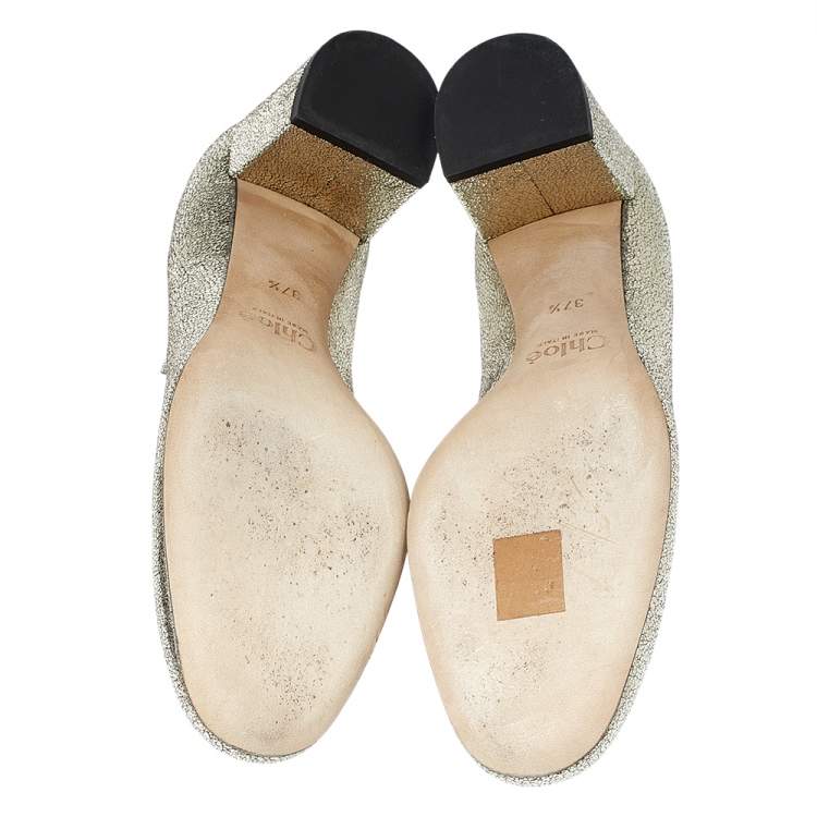 Pre Owned Chloe Gold Leather Lauren Scallop Trim Block Heel Pumps Size 37.5