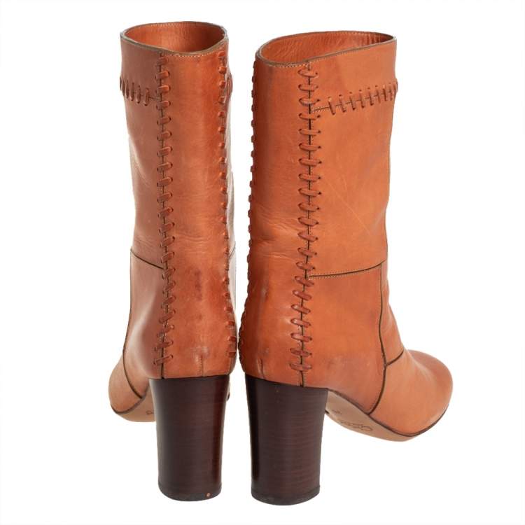 Pre Owned Chloe Tan Patchwork Leather Whipstitch Mid Calf Boots Size 36