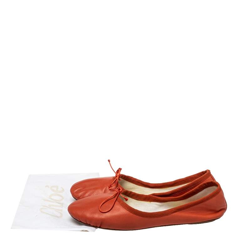 Pre Owned Chloé Orange Leather Bow Ballet Flats Size 40