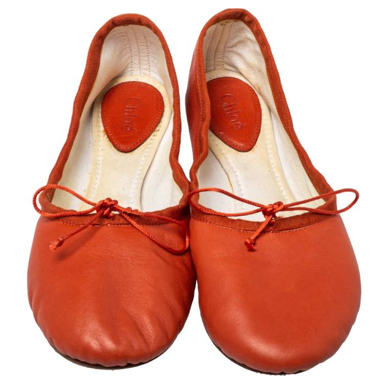 Pre Owned Chloé Orange Leather Bow Ballet Flats Size 40