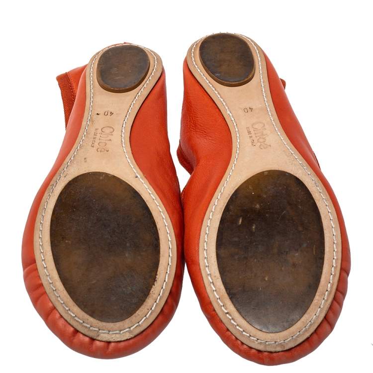 Pre Owned Chloé Orange Leather Bow Ballet Flats Size 40