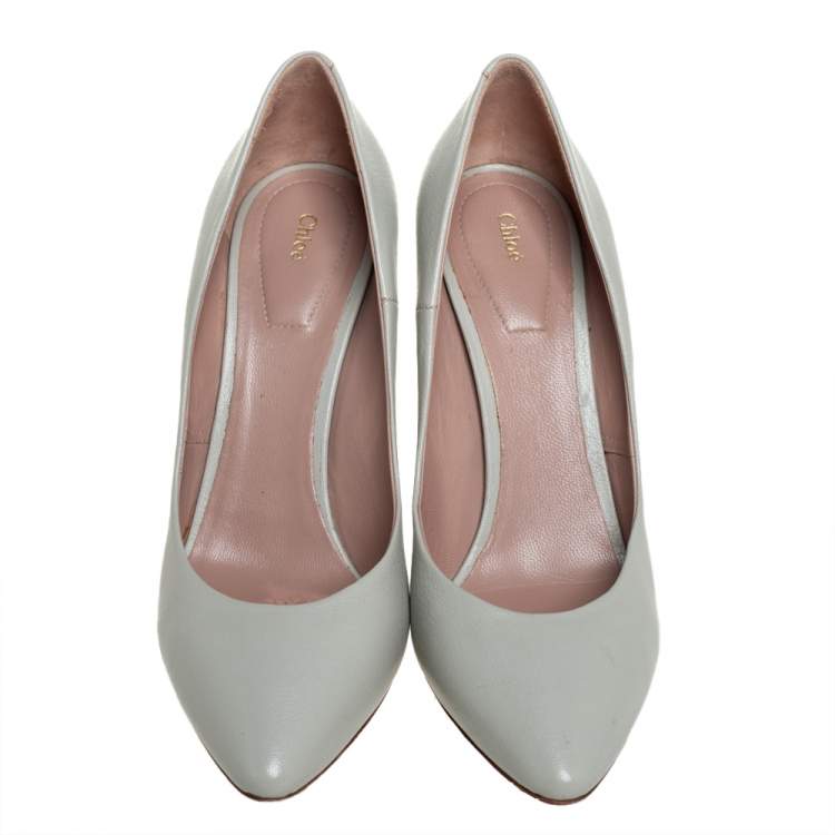 Pre Owned Chloe Grey Leather Block Heel Pumps Size 39.5