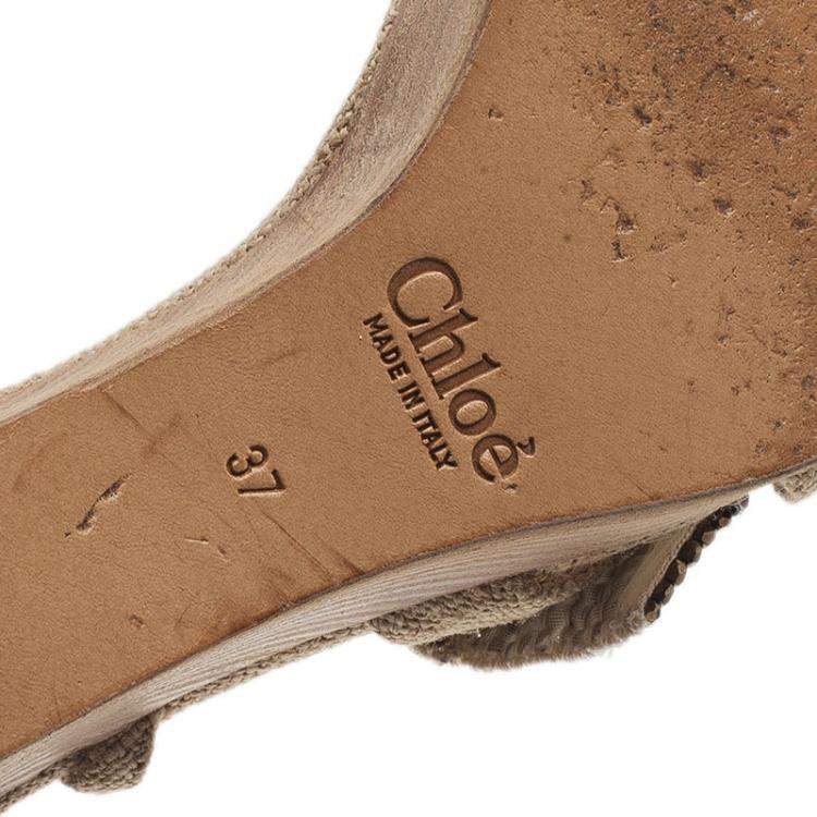Pre Owned Chloe Beige Canvas Crystal Bow Ankle Strap Wedges Size 37