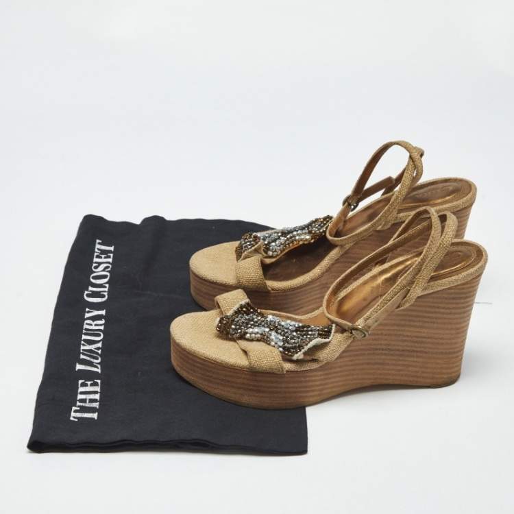 Pre Owned Chloe Beige Canvas Crystal Bow Ankle Strap Wedges Size 37