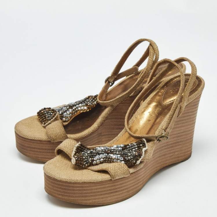 Pre Owned Chloe Beige Canvas Crystal Bow Ankle Strap Wedges Size 37