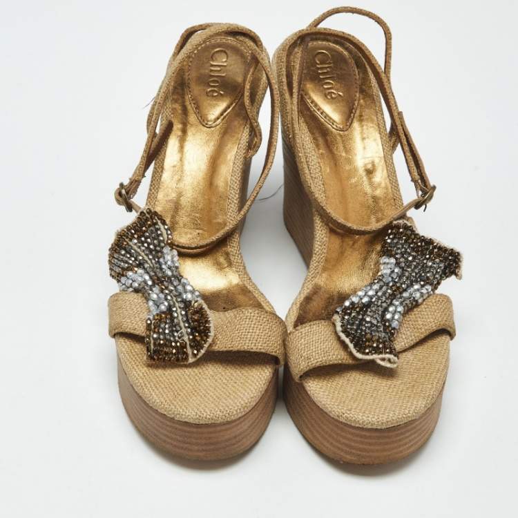 Pre Owned Chloe Beige Canvas Crystal Bow Ankle Strap Wedges Size 37