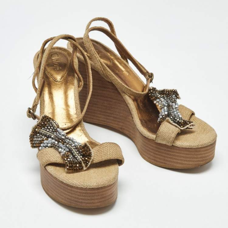 Pre Owned Chloe Beige Canvas Crystal Bow Ankle Strap Wedges Size 37