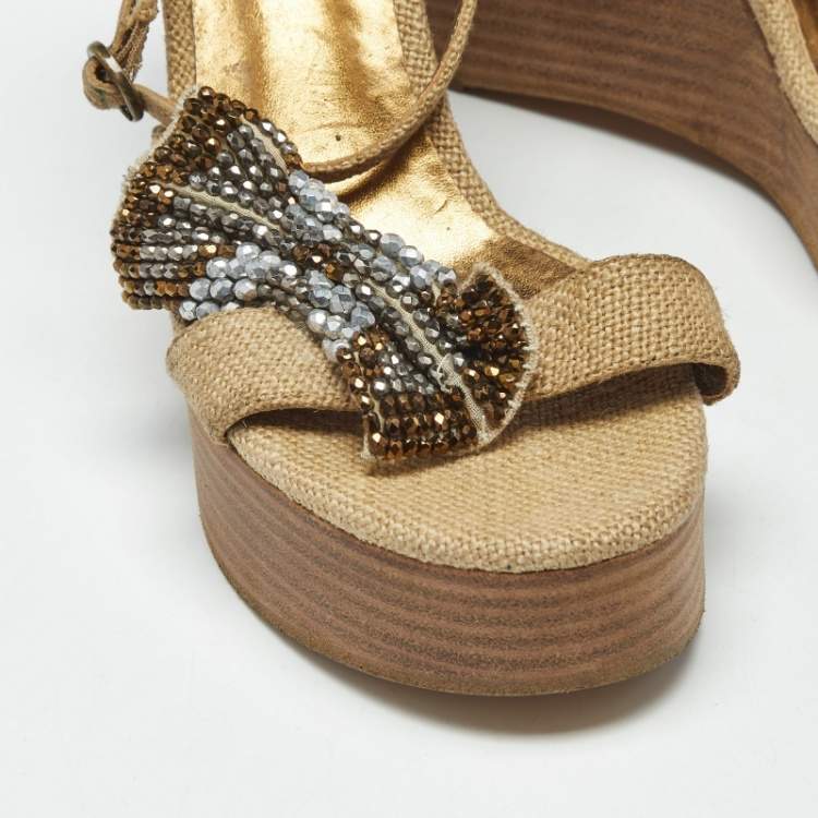 Pre Owned Chloe Beige Canvas Crystal Bow Ankle Strap Wedges Size 37