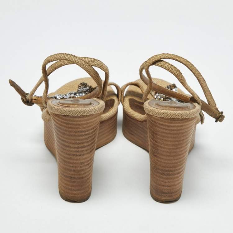 Pre Owned Chloe Beige Canvas Crystal Bow Ankle Strap Wedges Size 37