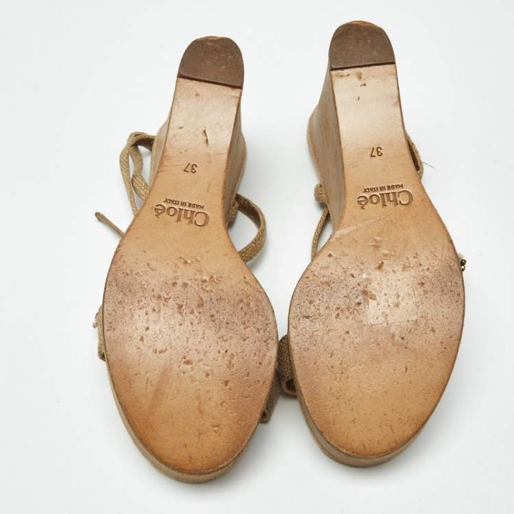 Pre Owned Chloe Beige Canvas Crystal Bow Ankle Strap Wedges Size 37