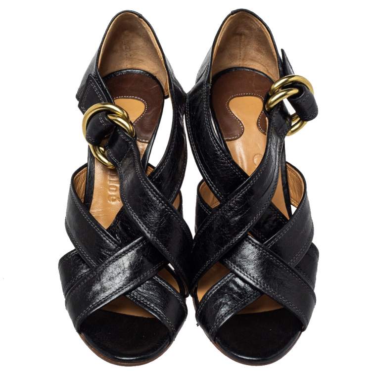 مملوكة مسبقًا Chloe Black Leather Cross Over Ankle Strap Sandals Size 38
