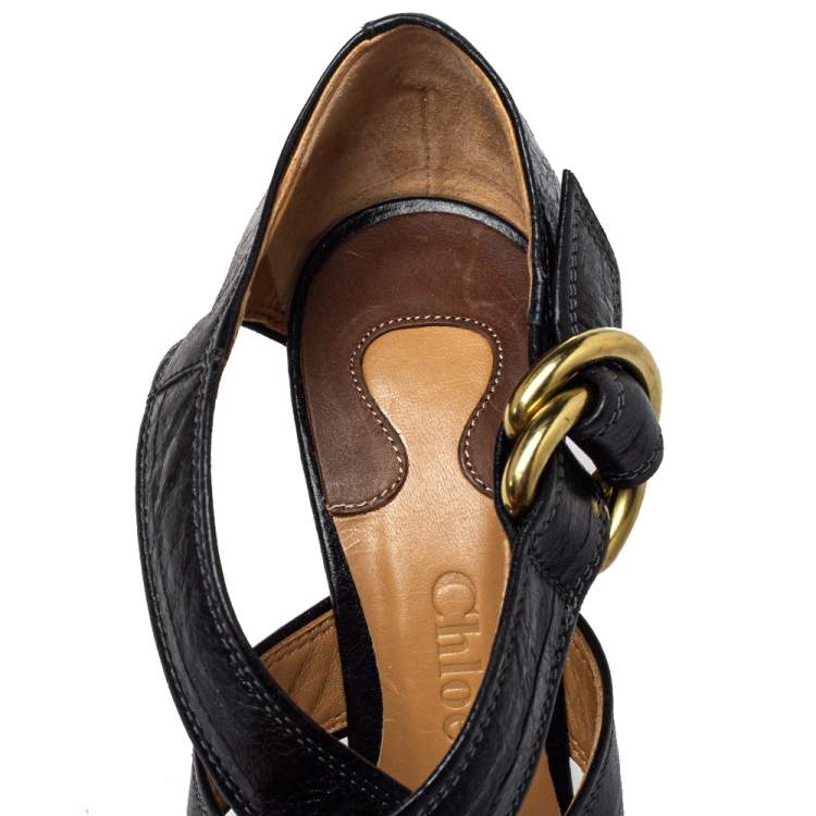 مملوكة مسبقًا Chloe Black Leather Cross Over Ankle Strap Sandals Size 38