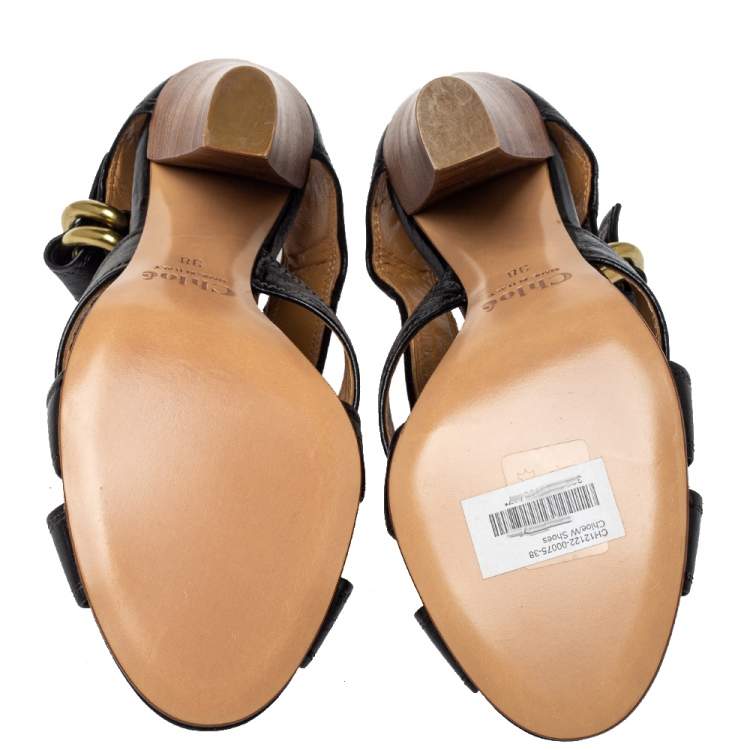 مملوكة مسبقًا Chloe Black Leather Cross Over Ankle Strap Sandals Size 38