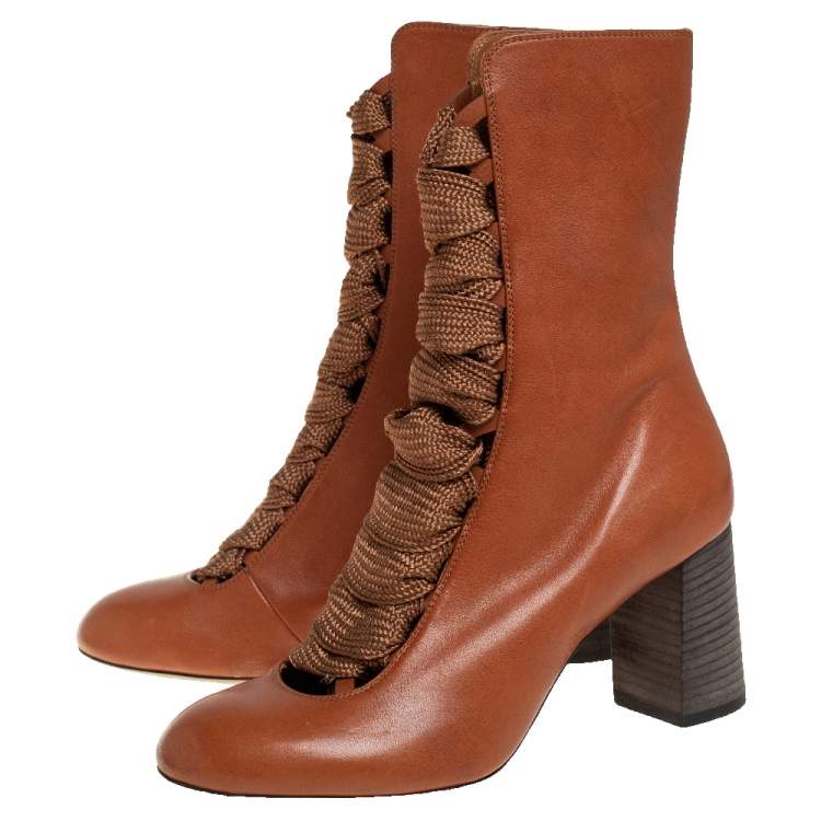 Pre Owned Chloe Tan Leather Harper Mid Calf Boots Size 37.5