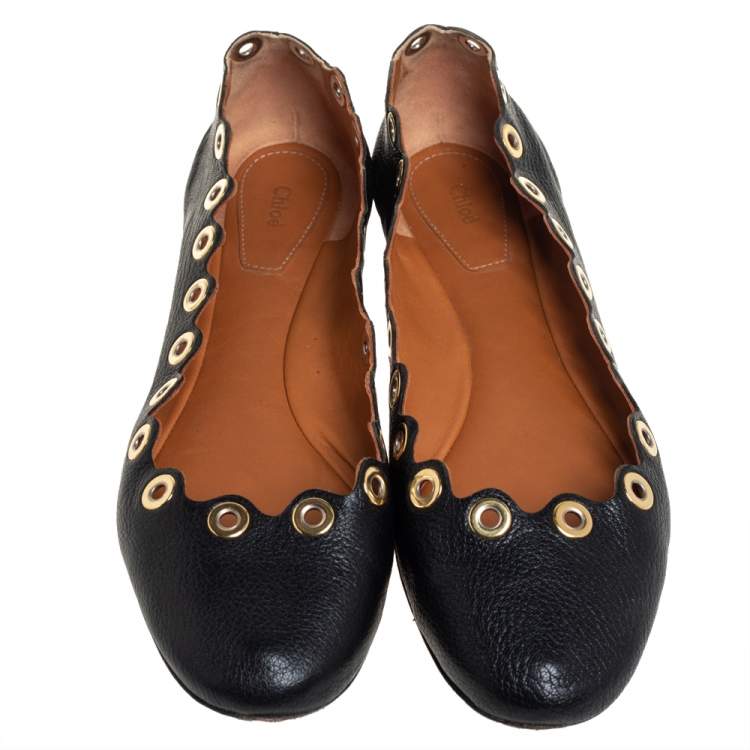 Pre Owned Chloé Black Leather Ballet Flats Size 38.5