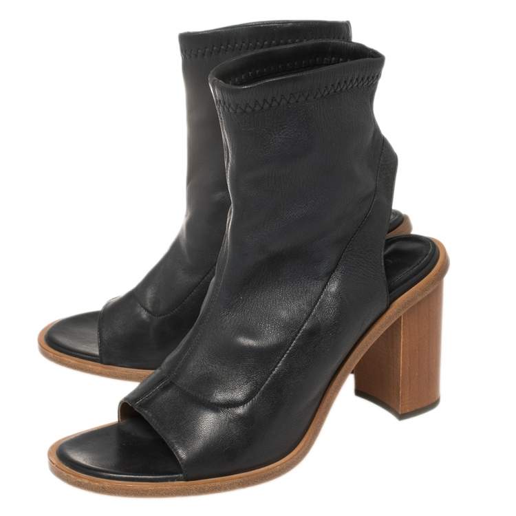 Pre Owned Chloe Black Leather Open Toe Block Heel Ankle Booties Size 38