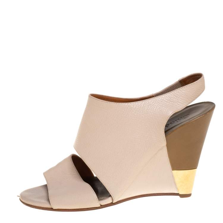 Pre Owned Chloe Beige Leather Wedge Slingback Sandals Size 39