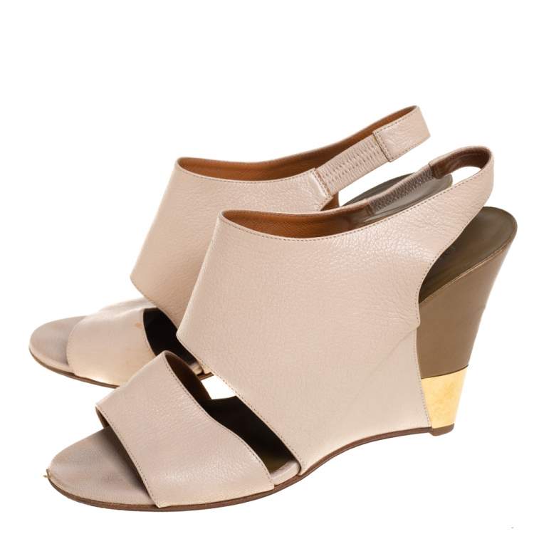 Pre Owned Chloe Beige Leather Wedge Slingback Sandals Size 39