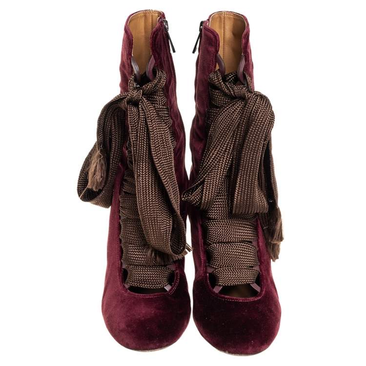 Pre Owned Chloe Burgundy Velvet Harper Mid Calf Boots Size 41