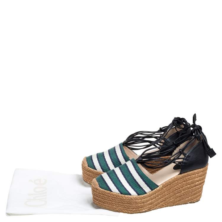 مملوكة مسبقًا Chloe Multicolor Fabric and Leather Ankle Wrap Wedge Espadrilles Sandals Size 38
