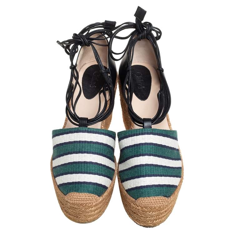 مملوكة مسبقًا Chloe Multicolor Fabric and Leather Ankle Wrap Wedge Espadrilles Sandals Size 38