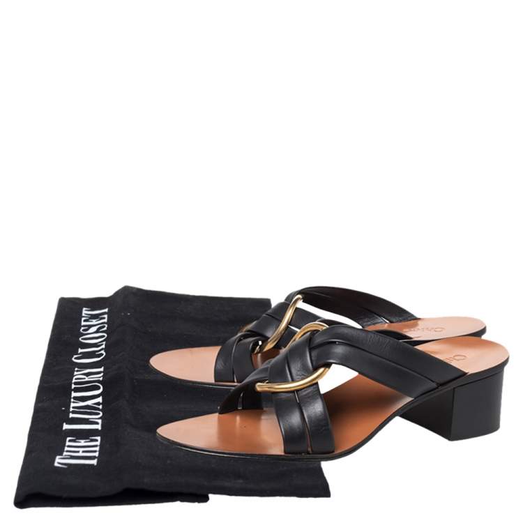 Pre Owned Chloe Black Leather Rony Block Heel Slide Sandals Size 39