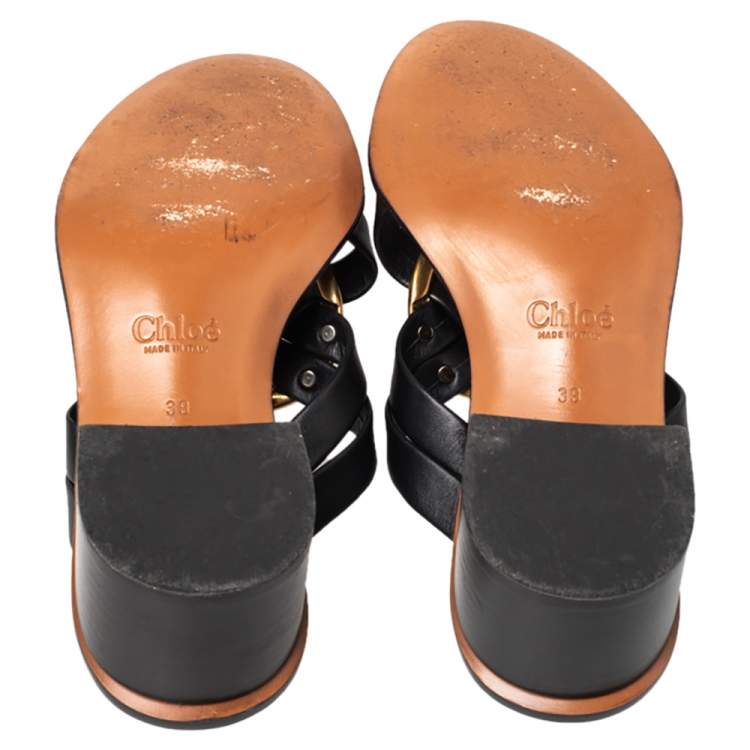 Pre Owned Chloe Black Leather Rony Block Heel Slide Sandals Size 39