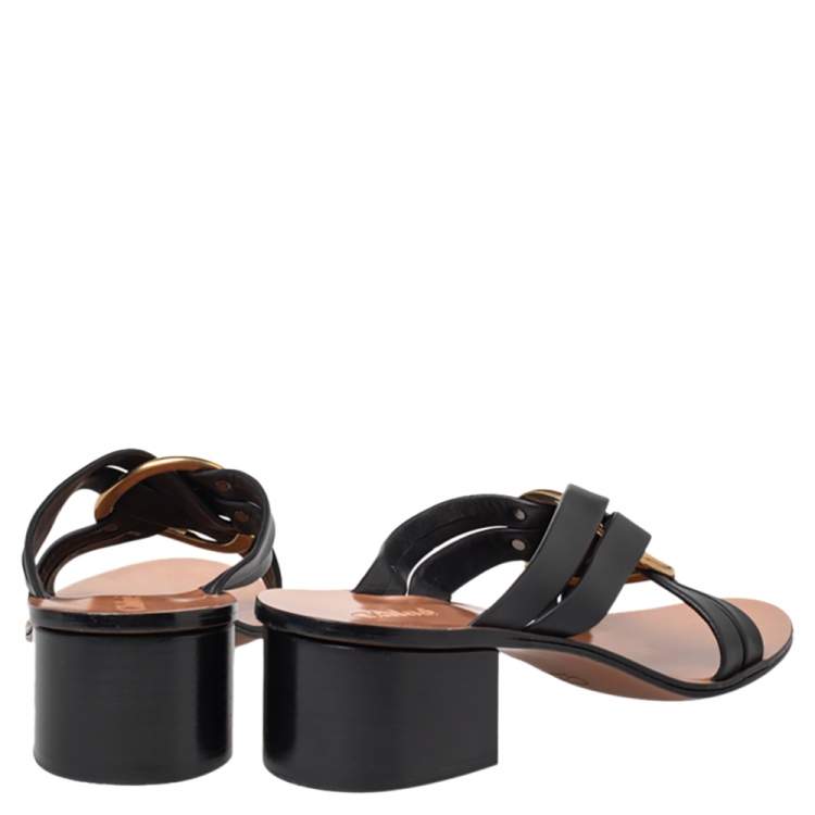 Pre Owned Chloe Black Leather Rony Block Heel Slide Sandals Size 39