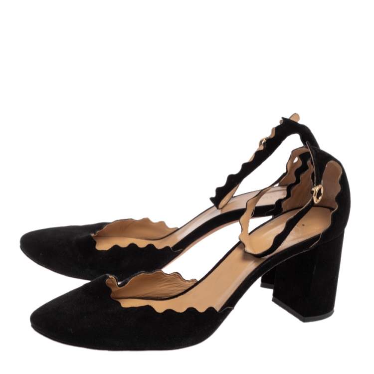 Pre Owned Chloe Black Scalloped Suede Ankle Strap Block Heel Sandals Size 42