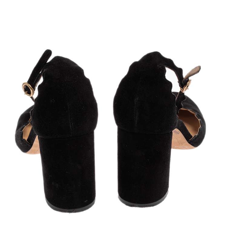 Pre Owned Chloe Black Scalloped Suede Ankle Strap Block Heel Sandals Size 42