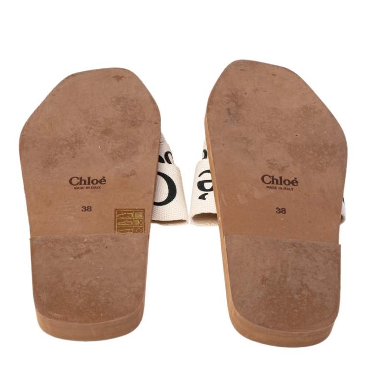 Pre Owned Chloé Ivory Canvas Logo Woody Flat Mules Size 38