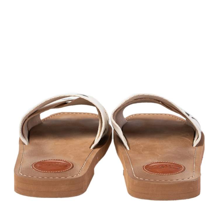 Pre Owned Chloé Ivory Canvas Logo Woody Flat Mules Size 38