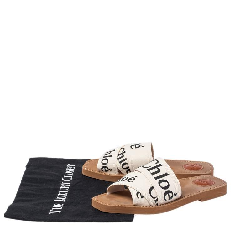 Pre Owned Chloé Ivory Canvas Logo Woody Flat Mules Size 38