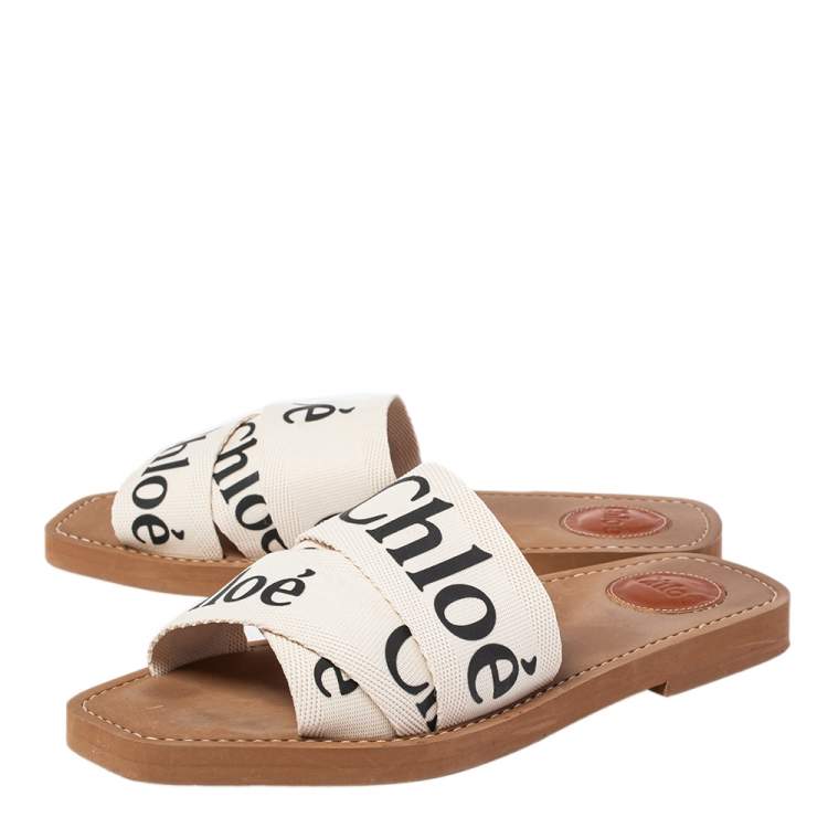 Pre Owned Chloé Ivory Canvas Logo Woody Flat Mules Size 38