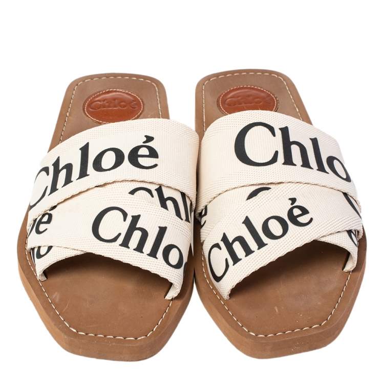 Pre Owned Chloé Ivory Canvas Logo Woody Flat Mules Size 38